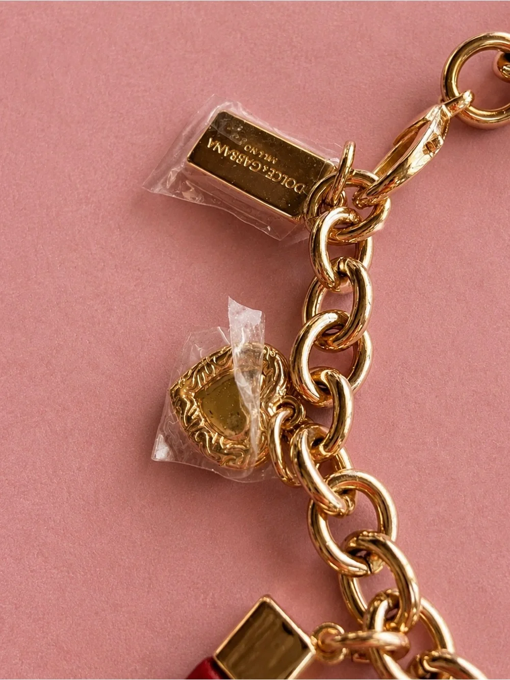 Dolce & Gabbana Y2K Makeup Gold-Tone Multi-Charm Bracelet Lipstick Rose Heart